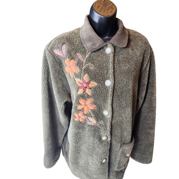 Teddi Floral Embroidered Sherpa Fleece Jacket Women Large Cozy Fall Cottagecore - Picture 5 of 15